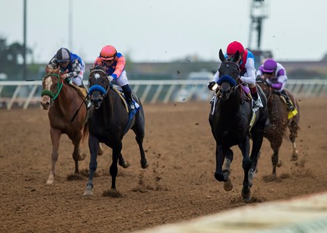 Medina Spirit and jockey John Velazquez, right, outleg, Stilleto Bay (Kent Desormeaux), left, and Rock Your World (Umberto Rispoli), second freom left, to win the $100,000 Shared Belief Stakes, Sunday, August 29, 2021 at Del Mar Thoroughbred Club, Del Mar CA.<br><br />
&#169; BENOIT PHOTO