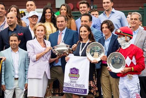 Andres Gutierrez, Fausto Gutierrez, Nick Martinez and winning connections in the winner’s circle after Letruska with Irad Ortiz Jr. win the Personal Ensign Stakes (G1) at Saratoga Race Course in Saratoga Springs, N.Y., on Aug. 28, 2021.