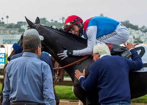 Jockey John Velazquez and trainer Bob Baffert have a moment with Medina Spirit after their victory in the $100,000 Shared Belief Stakes, Sunday, August 29, 2021 at Del Mar Thoroughbred Club, Del Mar CA.<br><br />
&#169; BENOIT PHOTO