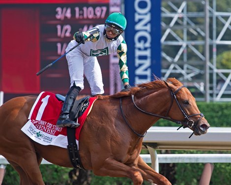 Senbei with Manny Franco wins the Funny Cide<br><br />
Scenes from New York Thoroughbred Breeders day during Travers week in Saratoga on Aug. 27, 2021. 
