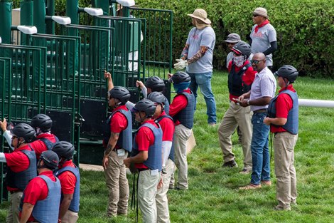 Hector Soler oversees the starting gate crew at the Saratoga Race Course  Aug 12, 2021 in Saratoga Springs, N.Y.  