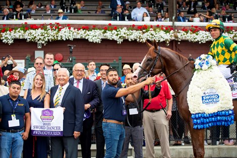 Christophe Clement and winning connections in the winner’s circle after Gufo with Joel Rosario win the Resorts World Casino Sword Dancer Stakes (G1T) at Saratoga Race Course in Saratoga Springs, N.Y., on Aug. 28, 2021. 
