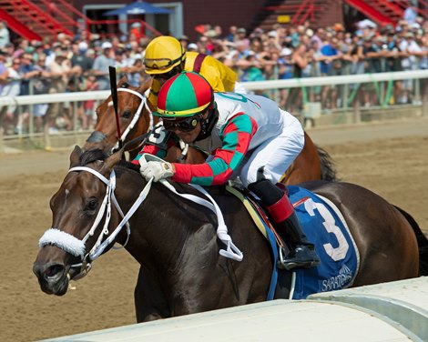 November Rain with Jose Ortiz wins the Seeking the Ante Stakes<br><br />
Scenes from New York Thoroughbred Breeders day during Travers week in Saratoga on Aug. 27, 2021. 