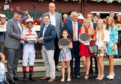 Mark Toothaker, Steve Asmussen and winning connections in the winner’s circle after Yaupon with Ricardo Santana Jr. win the Forego Stakes (G1) at Saratoga Race Course in Saratoga Springs, N.Y., on Aug. 28, 2021. 