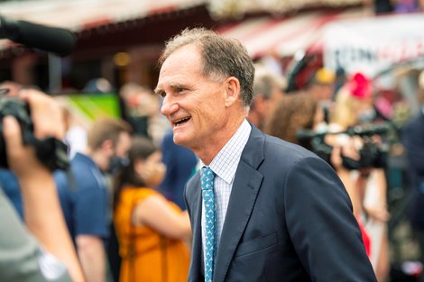 Jimmy Bell after Essential Quality with Luis Saez win the Runhappy Travers Stakes (G1) at Saratoga Race Course in Saratoga Springs, N.Y., on Aug. 28, 2021. 