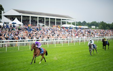 Snowfall (Ryan Moore) wins the Yorkshire Oaks<br><br />
York 19.8.21 Pic: Edward Whitaker
