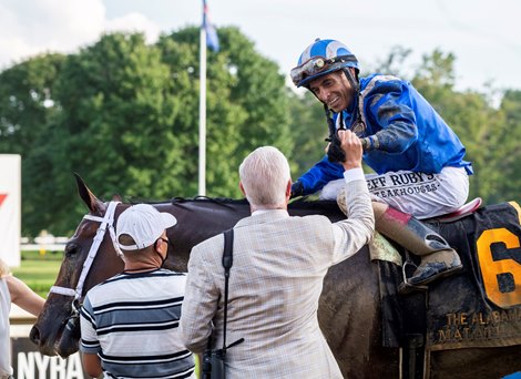 Trainer Todd Pletcher congratulates  jockey John Velazquez after Malathaat won the 141st running of The Alabama at the Saratoga Race Course Saturday Aug 21, 2021 in Saratoga Springs, N.Y.  by Skip Dickstein
