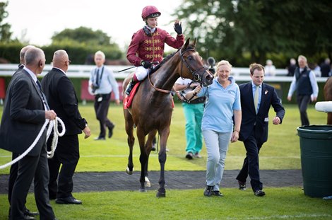 James Ferguson (R) with his first Group winner Mise En Scene after the Prestige Stakes<br><br />
Goodwood 28.8.21