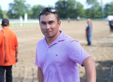 Trainer Jorge Duarte, Jr. smiles after Introduced #7 with Albin Jimenez riding won the $100,000 Incredible Revenge Stakes at Monmouth Park Racetrack in Oceanport, NJ on Saturday August 14, 2021.  Photo By Bill Denver/EQUI-PHOTO