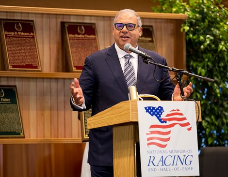 Ahmed Zayat does his acceptance speech as his horse American Pharaoh is inducted in to the Hall of Fame at the Fasig Tipton sales pavilion Friday Aug 6, 2021 in Saratoga Springs, N.Y. Photo  by Skip Dickstein