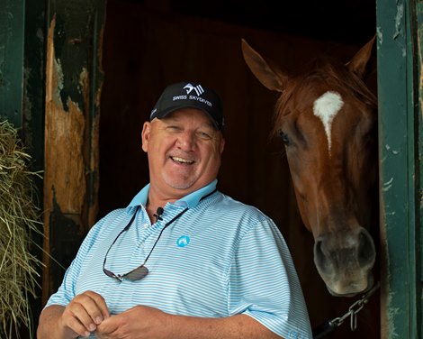 Kenny McPeek with Swiss Skydiver<br>
Saratoga racing scenes in Saratoga Springs, N.Y. on Aug. 5, 2021.