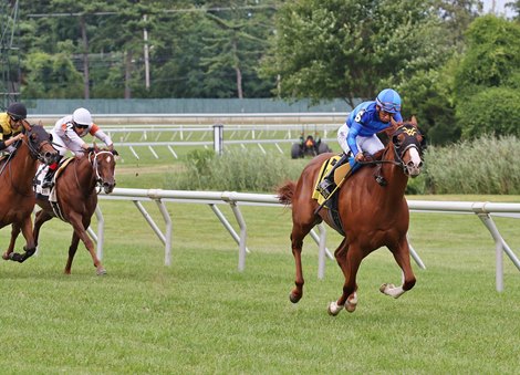 Miss Alacrity #6 with Paco Lopez riding won the $100,000 Colleen Stakes at Monmouth Park Racetrack in Oceanport, NJ on Sunday August 1, 2021.   Photo By Ryan Denver/EQUI-PHOTO