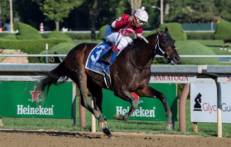 Jockey Ricardo Santana Jr. heads to the finish line with Gunite, the winner of The Hopeful at the Saratoga Race Course Monday Sep, 6, 2021 in Saratoga Springs, N.Y. Special to the Times Union Photo  by Skip Dickstein