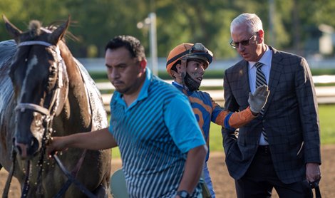 As the Wit leaves for the barn as the beaten favorite jockey Irad Ortiz Jr. speaks with Wit’s trainer Todd Pletcher post race of The Hopeful at the Saratoga Race Course Monday Sep, 6, 2021 in Saratoga Springs, N.Y. Special to the Times Union Photo  by Skip Dickstein