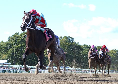 Speaking #8 with Jockey Gerardo Corrales riding won the $100,000 Smoke Glacken Stakes at Monmouth Park on Sunday September 26, 2021. Photo By Bill Denver/ EQUI-PHOTO