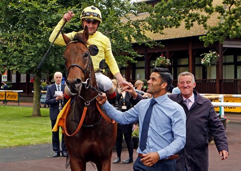 EMARAATY ANA (Andrea Atzeni) with trainer Kevin Ryan after The Betfair Sprint Cup <br><br />
Haydock 4 Sep 2021 - Pic Steven Cargill / Racingfotos.com