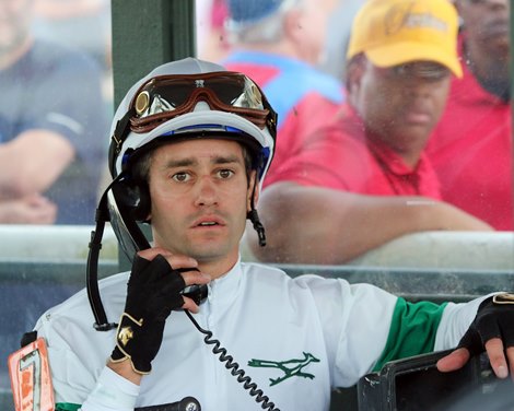 Flavien Prat talks to the stewards aftger the 41st Running of the Pennsylvania Derby (GI) at Parx on September 25, 2021. Photo By: Chad B. Harmon