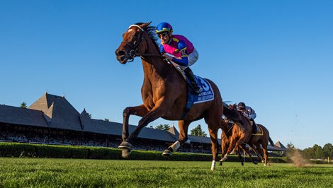 Jockey Julien Leparoux guides War Like Goddess to the finish line and the win in the 44th running of The Flower Bowel at the Saratoga Race Course Saturday Sep, 4, 2021 in Saratoga Springs, N.Y. Photo  by Skip DicksteinTim Lanahan