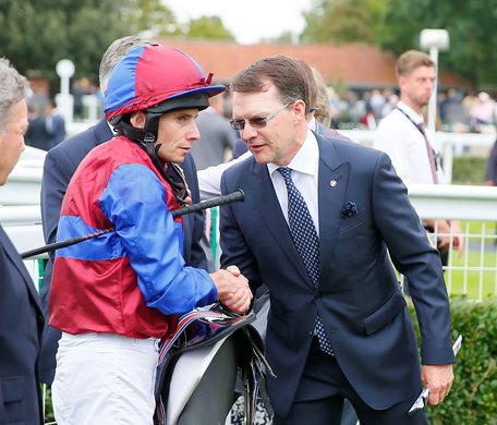 Ryan Moore being congratulated by Aidan O’Brien after Tenebrism wins <br><br />
The Juddmonte Cheveley Park Stakes (Group 1) <br><br />
Newmarket 25.9.21<br><br />
&#169;Mark Cranhamphoto.com<br><br />
