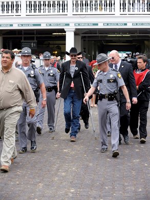 Trainer Bennie Woolley escorted to press conference Mine That Bird with Calvin Borel wins the Kentucky Derby (G1) on Kentucky Derby day at Churchill Downs near Louisville, Ky. on May 2, 2009.