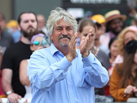 Trainer Steve Asmussen applauds Jackie’s Warrior #7 with Joel Rosario riding after winning the $300,000 Grade II Gallant Bob Stakes at Parx Racing in Bensalem, Pennsylvania on September 25, 2021. Photo By Bill Denver /EQUI-PHOTO