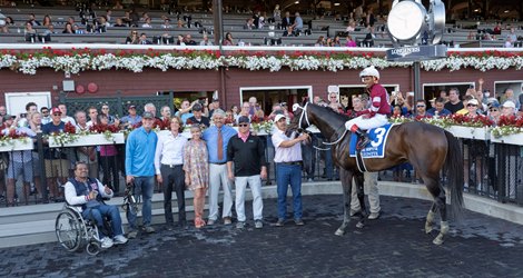 Jockey Ricardo Santana Jr. enters the winner’s circle after winning The Hopeful at the Saratoga Race Course Monday Sep, 6, 2021 in Saratoga Springs, N.Y. Special to the Times Union Photo  by Skip Dickstein