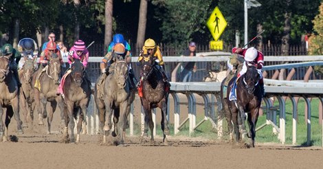Jockey Ricardo Santana Jr. makes a move at the top of the stretch with Gunite, the winner of The Hopeful at the Saratoga Race Course Monday Sep, 6, 2021 in Saratoga Springs, N.Y. Special to the Times Union Photo  by Skip Dickstein