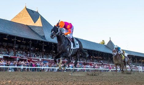 Jockey Ricardo Santana Jr. moves passed Forza Di Oro with Junior Alvarado to win the 123rd running of the Jockey Club Gold Cup at the Saratoga Race Course Saturday Sep, 4, 2021 in Saratoga Springs, N.Y. Photo  by Skip Dickstein/Tim Lanahan