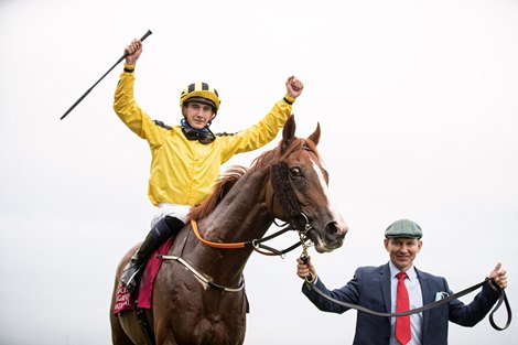 Ben Coen onboard Sonnyboyliston held by Pavlo Kononeko after winning the Comer Group International Irish St. Leger (Group 1).<br><br />
The Curragh Racecourse.<br><br />
Photo: Patrick McCann/Racing Post<br><br />
12.09.2021