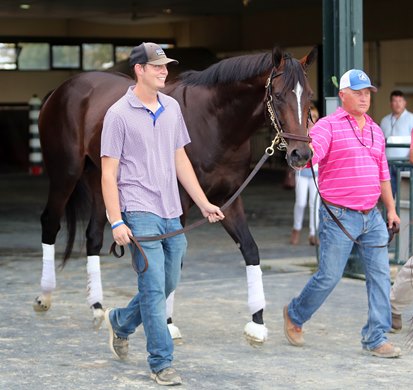 Assistant trainer Scott Blasi schools Midnight Bourbon in the paddock as preparation for the $1 million Pennsylvania Derby (GI) at Parx Racing in Bensalem, PA. Photo by Nikki Sherman/EQUI-PHOTO