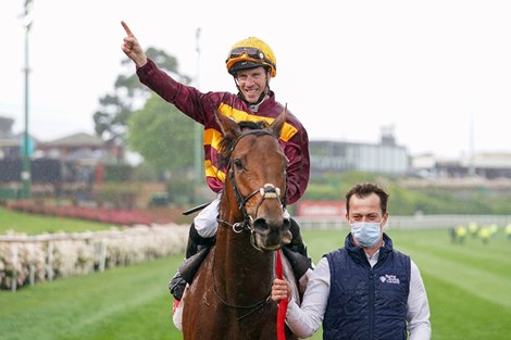 John Allen returns to the mounting yard aboard State of Rest after winning Ladbrokes Cox Plate at Moonee Valley Racecourse on October 23, 2021 in Moonee Ponds, Australia