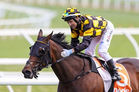 Brett Prebble returns to the mounting yard aboard Probabeel (NZ) after winning the Neds Might And Power at Caulfield Racecourse on October 09, 2021 in Caulfield, Australia. (George Sal/Racing Photos) 