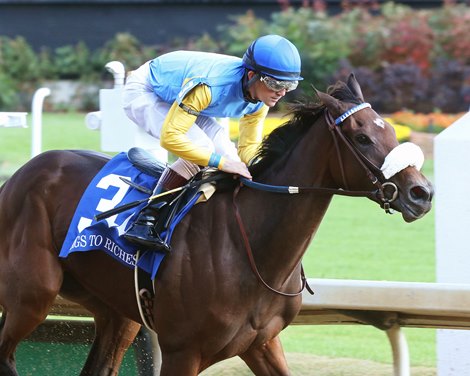 SANDSTONE<br><br />
The Rags To Riches - 9th Running<br><br />
Churchill Downs  Louisville, KY<br><br />
October 31, 2021    <br><br />
Race #05<br><br />
Purse $200,000<br><br />
1-1/16 Miles  1:44.18<br><br />
Susan Moulton, Owner<br><br />
Kenneth G. McPeek, Trainer<br><br />
Brian J. Hernandez, Jr., Jockey<br><br />
Yuugiri (2nd)<br><br />
Mama Rina (3rd)<br><br />
$7.40 $3.00 $2.10<br><br />
Order of Finish - 3, 4, 2, 1