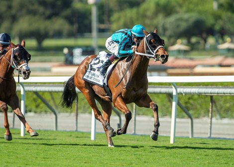 One Timer and jockey E.T. Baird win the $100,000 Speakeasy Stakes Friday, October 1, 2021 at Santa Anita Park, Arcadia, CA.