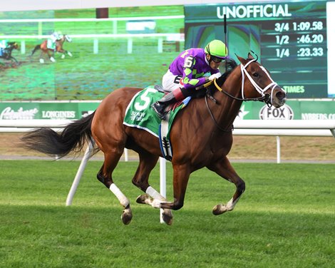 Shifty She wins the 2021 Noble Damsel Stakes at Belmont Park