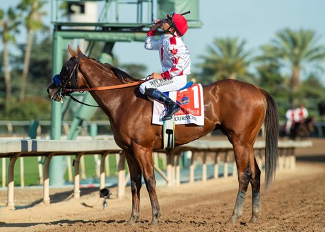 Jockey Mike Smith guides Corniche to the winner&#39;s circle after their victory in the G1, $300,000 American Pharoah Stakes, Friday, October 1, 2021 at Santa Anita Park, Arcadia CA.