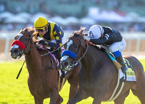 Going To Vegas and jockey Umberto Rispoli, right, hold off Luck (Flavien Prat) to win the Grade I $300,000 Rodeo Drive Stakes Saturday, October 2, 2021 at Santa Anita Park, Arcadia, CA.<br><br />
Benoit Photo