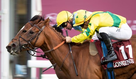 Rougir (Maxime Guyon) beats  Grand Glory in the Prix De L&#39;Opera<br><br />
Longchamp 3.10.21 Pic: Edward Whitaker