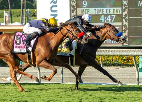 Going To Vegas and jockey Umberto Rispoli, right, hold off Luck (Flavien Prat) to win the Grade I $300,000 Rodeo Drive Stakes Saturday, October 2, 2021 at Santa Anita Park, Arcadia, CA.<br><br />
Benoit Photo