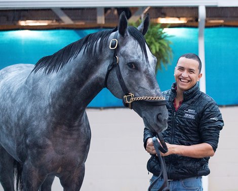 Darwin Aguilar, groom of Essential Quality<br>
Horses and horsemen at Churchill on Oct. 30, 2021. 