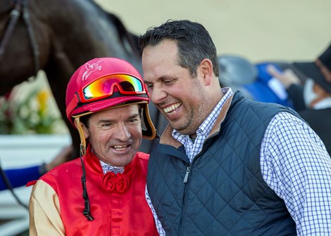 Jockey Kent Desormeaux, left, and trainer Philip D&#39;Amato, right, celebrate Say the Word&#39;s victory in the G2, $250,000 Hollywood Turf Cup, Friday, November 26, 2021 at Del Mar Thoroughbred Club, Del Mar CA.