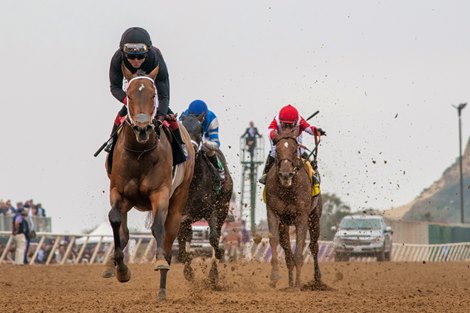 Echo Zulu, with Joel Rosario up, wins the Juvenile Fillies (G1) at Del Mar Racetrack on November 5, 2021.