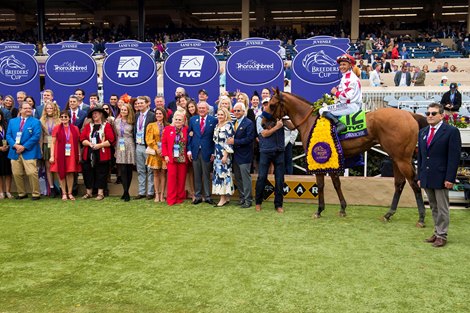 Winning connections in the winner’s circle after Corniche with Mike Smith win the Juvenile (G1) at Del Mar on November 5, 2021.