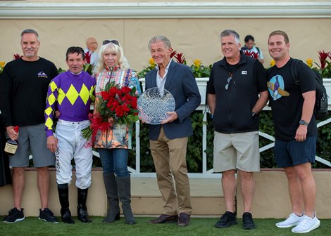 Beyond Brilliant and jockey Kent Desormeaux, inside, outleg Santin (Umberto Rispoli), outside, to win the Grade I, $400,000 Hollywood Derby, Saturday, November 27, 2021 at Del Mar Thoroughbred Club, Del Mar CA.<br> &#169; BENOIT PHOTO