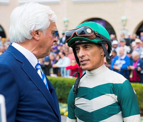 (L-R): Bob Baffert and John R. Velazquez in the paddock at Del Mar on November 6, 2021.