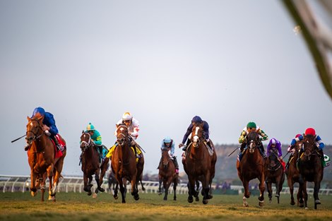 Modern Games, with William Buick up, wins the Juvenile Turf (G1T) at Del Mar Racetrack on November 5, 2021.
