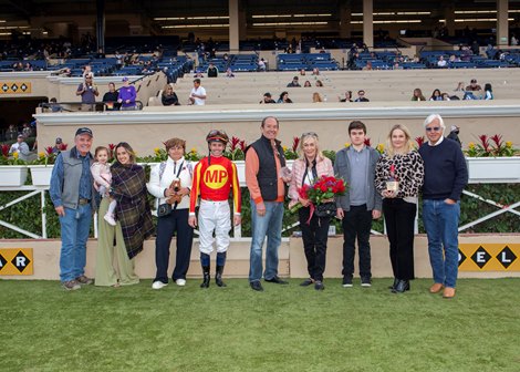 Azul Coast and jockey Flavien Prat, right, outleg Kiss Today Goodbye (Kent Desormeaux), left, to win the Grade III, $100,000 Native Diver Stakes, Saturday, November 20, 2021 at Del Mar Thoroughbred Club, Del Mar CA.<br><br />
&#169; BENOIT PHOTO