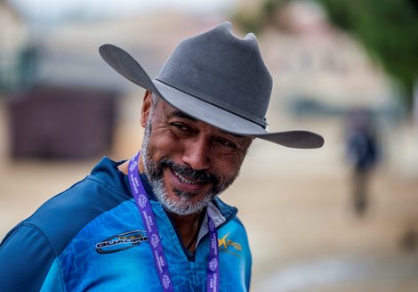 Trainer George Leonard speaks to the media Tuesday Nor. 2, 2021 as preparation continues for the Breeders’ Cup Championships to be held later in the week at the Del Mar Race Track in San Diego, CA. 