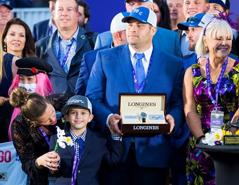 Brad C. Cox, Livia Frazer, Brodie Cox and winning connections in the winner’s circle after Knicks Go and Joel Rosario win the Breeders’ Cup Classic (G1) at Del Mar on November 6, 2021.