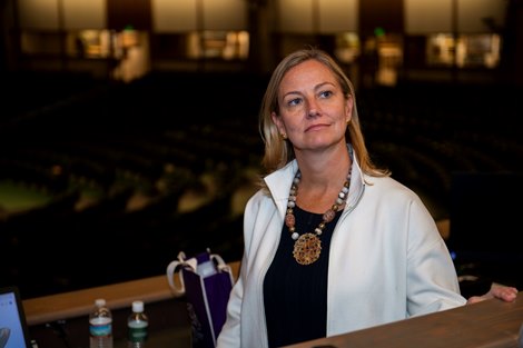 Keeneland’s Shannon Arvin gives her thoughts during the post Book 1 sales wrap to members of the media at the Keeneland November Breeding Stock Sale in Lexington, Ky., on Nov. 10, 2021. 
